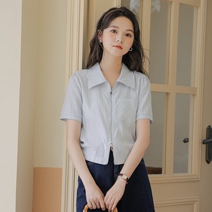 韩版设计感拉链开衫别致上衣女夏季新款气质减龄洋气百搭短袖衬衫