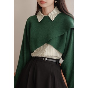 韩版设计感短款针织衫上衣潮春秋新款复古绿色高级感慵懒风毛衣女