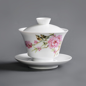 景德镇手绘水点桃花三才盖碗茶杯单个陶瓷泡茶杯白瓷功夫茶具套装