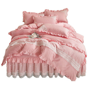 公主北风纯床上用品套四件套欧全棉少女心115300被蕾棉丝边床裙粉