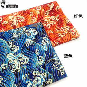 中国风全棉仿麻海水波浪印花桌布面料手工DIY烫金青海波和风布料