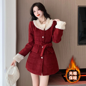 法式圆领小香风羊毛呢子红色大衣女秋冬高级气质甜美花边拼接外套