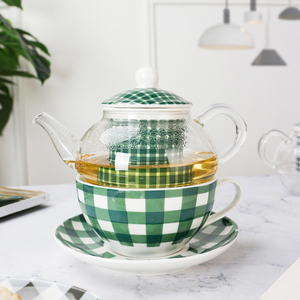 子母茶壶 小清新墨绿色玻璃小茶壶一壶一杯一碟英式陶瓷花茶壶