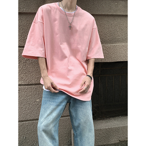粉红色七分袖t恤男生高个子加长版大码宽松体恤夏季重磅纯棉短袖