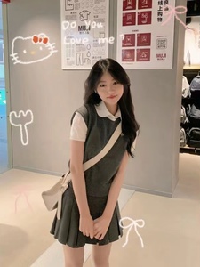 三件套女2024夏季新款韩系学院风短款针织毛衣马甲衬衫高腰半身裙