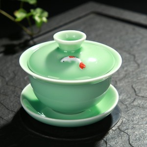 青瓷茶具套装盖碗茶壶鱼杯家用陶瓷精致青瓷彩鲤鱼功夫茶具配件