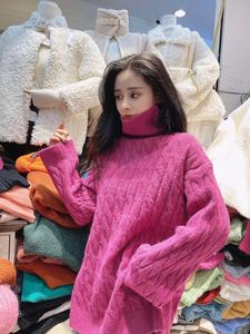 高领麻花羊驼绒宽松长袖慵懒套头毛衣女2020冬韩版新款玫红色橘色