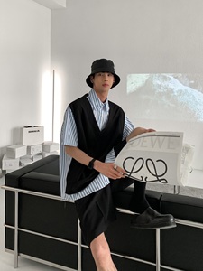 CHICERRO西西里男装假两件短袖上衣衬衫男条纹套头韩版设计感衬衣