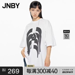 JNBY/江南布衣夏季T恤女短袖上衣宽松圆领笑脸印花棉质休闲中长款