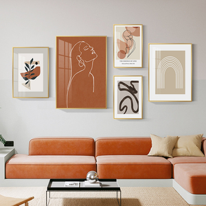 北欧风格抽象线条艺术画橙色装饰画人物墙画客厅时尚现代创意挂画
