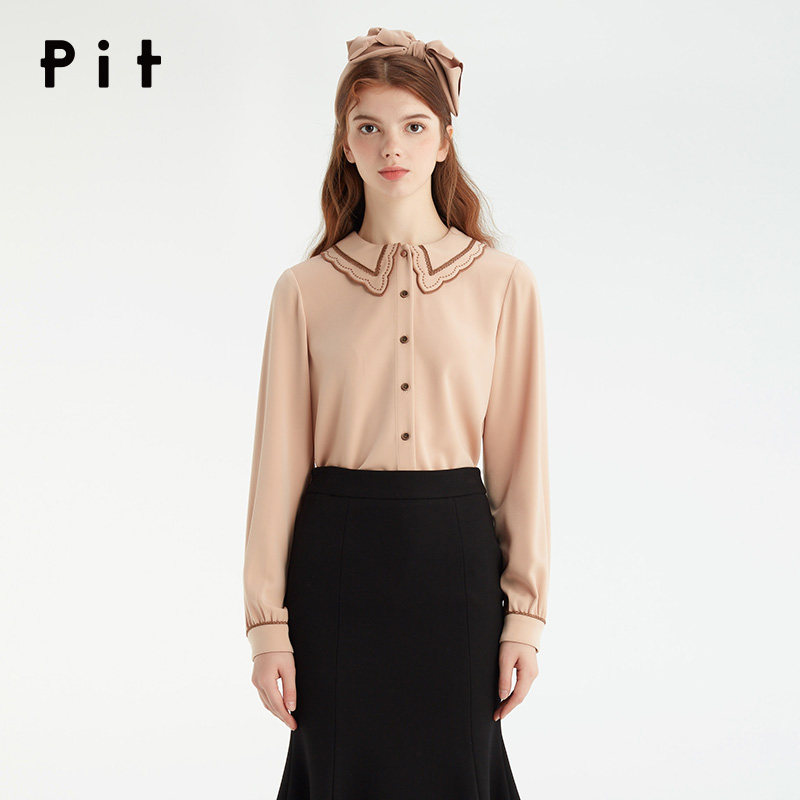 pit女装2021春季新款韩版百搭设计感甜美复古心机海军领衬衣女