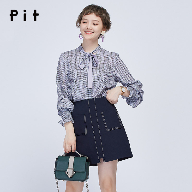 【商场同款】pit女装2019春季新款系带格子休闲衬衫1039022203