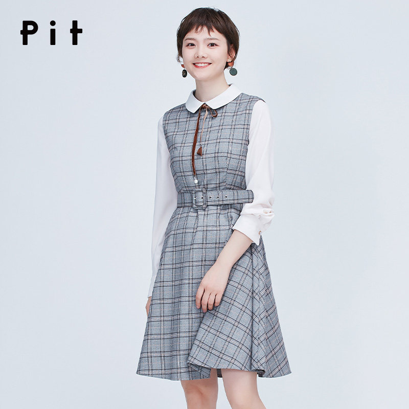 pit女装秋季2019新款格子复古拼接翻领衬衫收腰长袖连衣裙大摆裙