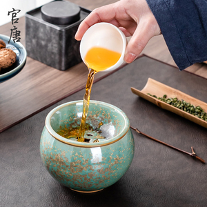 窑变绿釉茶洗建水茶渣缸带盖禅意杯洗陶瓷水盂茶杯盆功夫茶具配件