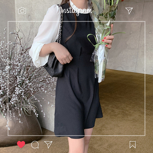 韩国春夏薄款雪纺黑白拼色新款韩版复古系带收腰长袖衬衫连衣裙