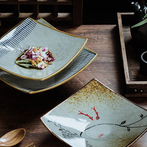 陶瓷高脚四方盘日式餐具方盘商用创意盘子餐厅菜盘家用釉下彩碟子