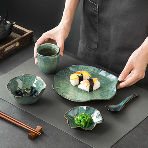 日式荷叶酒店摆台复古窑变一人食餐具碗盘套装单人餐厅碗碟勺子杯