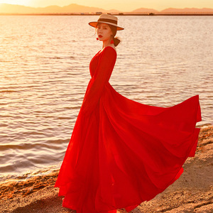 三亚旅行红裙沙滩裙超仙女度假裙沙漠拍照大红色长裙子飘逸连衣裙