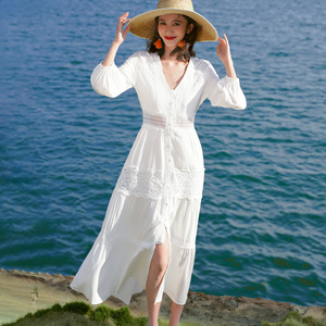 三亚连衣裙夏白色甜美法式过膝长裙沙滩裙海边沙漠度假旅游裙子夏