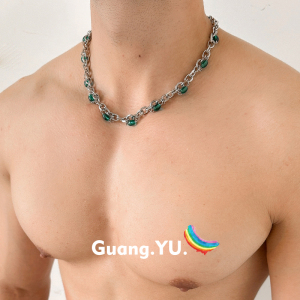GuangYu绿宝石缠绕项链男小众设计感美式链条高街嘻哈毛衣锁骨链