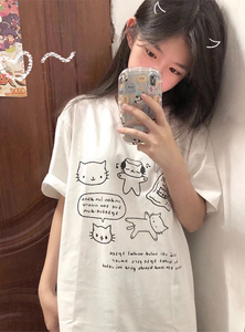heejoo～原创可爱猫咪动漫卡通印花短袖t恤女潮牌上衣新款大概会