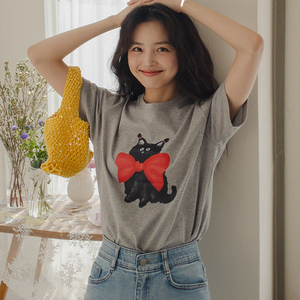 可爱猫猫蝴蝶节T恤 韩国正品代购东大门2024夏季新款灰色上衣女装