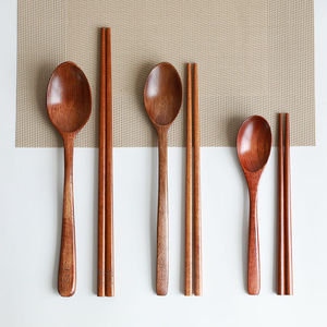 何适日式木质勺子筷子套装儿童便携户外三件套一人一筷勺餐具盒装