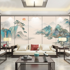 新中式水墨山水刺绣硬包电视背景墙客厅沙发独绣酒店卧室床头壁画