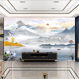 电视背景墙壁纸客厅新中式旭日东升山水沙发仙鹤壁画影视墙壁布