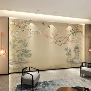 新中式电视背景墙壁画客厅沙发玉兰花装饰壁纸卧室花鸟影视墙壁布