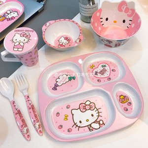 日本代购凯特猫HelloKitty儿童喂食餐具套装女生叉勺子碗杯子防摔