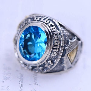 s925纯银复古泰银白羊座星座蓝水晶羊头个性时尚潮男食指戒指指环