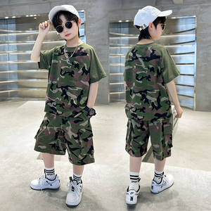 男童迷彩套装新款2024年儿童时尚工装裤迷彩服两件套童装潮流韩版