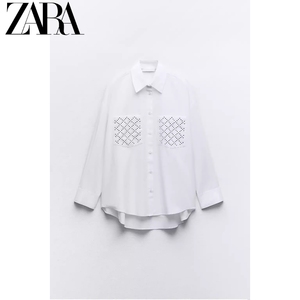 ZA春季新款女装百搭长袖翻领白色上衣铆钉饰府绸宽松衬衫 2298078