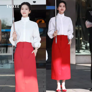 TUXEE刘诗诗同款新中式白色盘扣立领衬衫上衣红色高腰半身裙套装