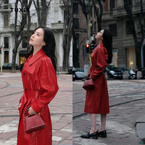 TUXEE刘诗诗米兰时装周同款衣服时尚气质红色皮衣系带风衣外套