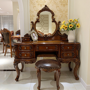 欧式实木梳妆台卧室家用复古美式烤漆收纳一体雕花化妆桌带镜带凳