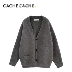 CACHE CACHE灰色毛衣开衫女2023春秋新款慵懒高级感V领针织外套