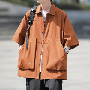 橙色山系机能短袖衬衫男潮牌设计感潮流日系工装衬衣七分袖外套夏