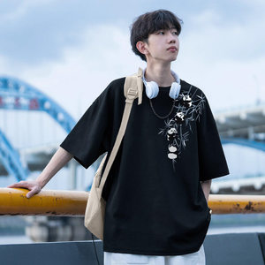 新中式国风黑白熊猫图案t恤男夏季三本针小领口短袖精梳棉七分袖