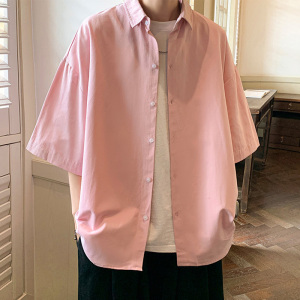 vintage美式粉红色短袖衬衫男夏季薄冰丝藕色衬衣情侣七分袖