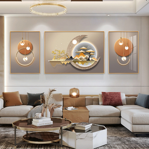 现代轻奢客厅装饰画简约沙发背景墙挂画麋鹿高级感橙色三联画壁画
