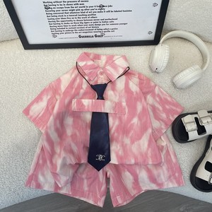 男童领带粉色衬衫套装夏季2024新款儿童港风短袖夏装中小童两件套