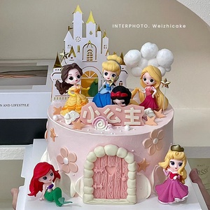 Q版公主6款蛋糕装饰迷你公主摆件人鱼女孩城堡插牌甜品台插件