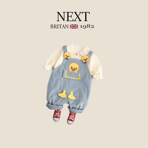 英国NEXT秋季背带裤男童套装周岁宝宝长袖POLO衫工装休闲裤俩件套