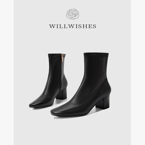 WILLWISHES【宠粉款~】粗跟短靴女秋冬方头高跟靴百搭中跟瘦瘦靴