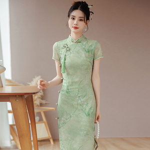 绿色送考旗袍2024年夏季新款改良版日常年轻款少女绝美修身中国风