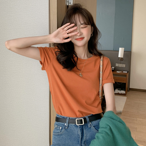 短款纯色圆领短袖T恤女2024夏季韩版简约小宽松焦糖色脏橘色上衣