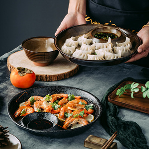 日式陶瓷饺子盘子带醋碟分格创意水饺盘家用早餐盘寿司盘薯条托盘