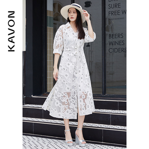 Kavon卡汶多巴胺新款优雅知性提花连衣裙女高端艺术感裙子白色茶
